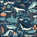 Seamless pattern with cute cartoon marine animals. Vector illustration Royalty Free Stock Photo