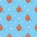 Seamless pattern with cute cartoon monsters on blue background. Fabulous winter wallpapers with creatures. Funny animal print.