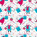 Seamless pattern cute cartoon mouse and gifts in vector. Kawaii mouse with Christmas toy. Happy rat. Chinese symbol 2020. Funny Royalty Free Stock Photo