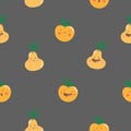 Seamless pattern with cute cartoon pears and apples on  dark background. Funny anthropomorphic fruits. Fruit vector print. Royalty Free Stock Photo