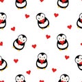 Seamless Pattern with Cute Cartoon Penguin and Heart Design on White Background Royalty Free Stock Photo