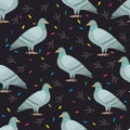 Seamless pattern with cute cartoon pigeons. Vector illustration.