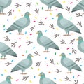 Seamless pattern with cute cartoon pigeons. Vector illustration.