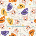 Seamless pattern of cute cartoon poodle illustrations. Cute face dogs in wizard costumes, stars, hats, on colorful lines light