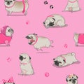 Seamless pattern with cute cartoon pug