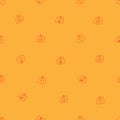 Seamless pattern with cute cartoon pumpkins on orange background. Halloween print. Creepy and funny characters. Royalty Free Stock Photo