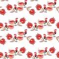 Seamless pattern with cute cartoon roosters and large tulip flowers isolated on white background in vector. Ethnic style.