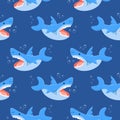 Seamless pattern, cute cartoon sharks and bubbles on a blue sea background. Print for children, background, textile, wallpaper