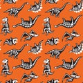 Seamless pattern with cute scary silhouettes of dinosaurs with a skeleton. Halloween Holidays orange background