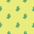 Seamless pattern with cute cartoon smart dragon on green background. Funny crocodile print. Reading reptile poster. Vector doodle