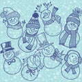 Seamless pattern with cute cartoon snowmen. Vector illustration Royalty Free Stock Photo