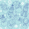 Seamless pattern with cute cartoon snowmen. Vector illustration Royalty Free Stock Photo
