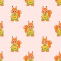 Seamless pattern, cute cartoon squirrel character wearing a housewife apron. Children\'s print, background, textile.