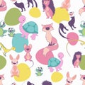 Seamless pattern of cute cartoon style animals on white background Royalty Free Stock Photo