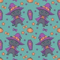Seamless pattern with cute cartoon style Halloween black cats, coffins, pumpkins, stars and ribbons on blue background