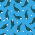 Seamless pattern with cute cartoon style icon of bowhead whale. Royalty Free Stock Photo