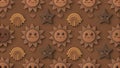 Seamless pattern with cute cartoon sun, star, rainbow and heart on brown background Royalty Free Stock Photo