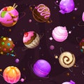 Seamless pattern with cute cartoon sweet planets on the space background.