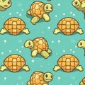 Seamless pattern with cute cartoon turtle on turquoise background Royalty Free Stock Photo