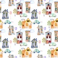 Seamless pattern with cute cartoon watercolor english houses, cars, trees and clouds