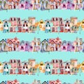 Seamless pattern with cute cartoon watercolor english houses in a row and trees Royalty Free Stock Photo