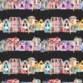Seamless pattern with cute cartoon watercolor english houses in a row and trees Royalty Free Stock Photo
