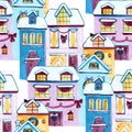 Seamless pattern with cute cartoon watercolor english houses in a row and trees, hand painted Royalty Free Stock Photo