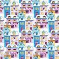 Seamless pattern with cute cartoon watercolor english houses in a row and trees, hand painted Royalty Free Stock Photo