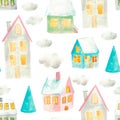 Seamless pattern with cute cartoon watercolor houses and smoke