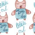 Seamless pattern with cute cartoon watercolor little sleep owl