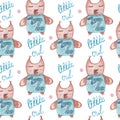 Seamless pattern with cute cartoon watercolor little sleep owl