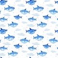 Seamless pattern with cute cartoon watercolor sharks. Hand-drawn sea life background.