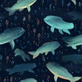 Seamless pattern with cute cartoon whales. Underwater background. Vector illustration Royalty Free Stock Photo