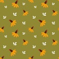 Seamless pattern, cute cartoon yellow daisies and white small leaves on a green background. Print, floral background, textile Royalty Free Stock Photo