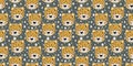 Seamless pattern of cute cartoon yellow faces of leopard. Repeating stylized portraits of wild animals living in the jungle and ov
