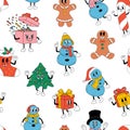 Seamless pattern with Cute Cartoons christmas mascot. Happy and cheerful emotions