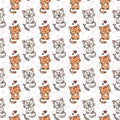 Seamless pattern of cute cat characters. Pet in love. Fishbone.