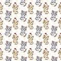 Seamless pattern of cute cat characters. Pet in love. Fishbone.