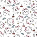 Seamless pattern of cute cat face with cherry cartoon on white background.Pet animal Royalty Free Stock Photo