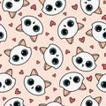 Seamless pattern with cute cat faces and hearts