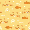 Seamless pattern of cute cat with fish cartoon background.Meow lover Royalty Free Stock Photo