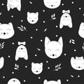 Seamless pattern with cute cat heads. Various white heads on a black background.