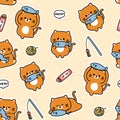 Seamless pattern of cute cat hold fish sticker with toy and cat lick food icon pastel