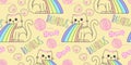 Seamless pattern with cute cat in kawaii style puking rainbow