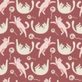 Seamless pattern with cute cat and packing gifts. Vector hand drawn illustration. Lazy cats