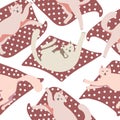 Seamless pattern with cute cat and packing gifts. Playing cat. Vector hand drawn illustration. Lazy cats. The print is used