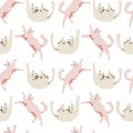 Seamless pattern with cute cat. Playing cat. Vector hand drawn illustration. Lazy cats. The print is used for Wallpaper