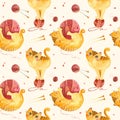 Seamless pattern with cute cat playing with yarn balls. Adorable playful kitten characters.