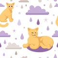 Seamless pattern cute cat purple clouds stars drops. Vector childrens illustration in pastel colors for nursery, wrapping paper,