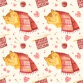 Seamless pattern with cute cat sleeping under a knitted blanket. Adorable kitten character and knitting or crochet accessories. Royalty Free Stock Photo